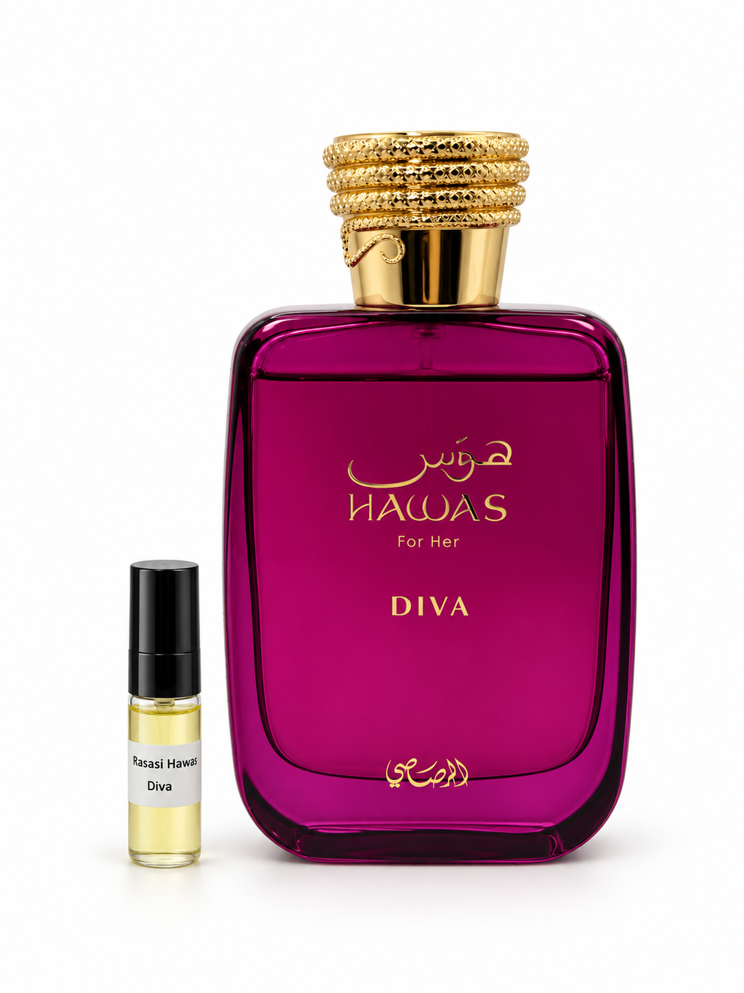 Rasasi Hawas Diva fragrance bottle and black-capped sample vial on white