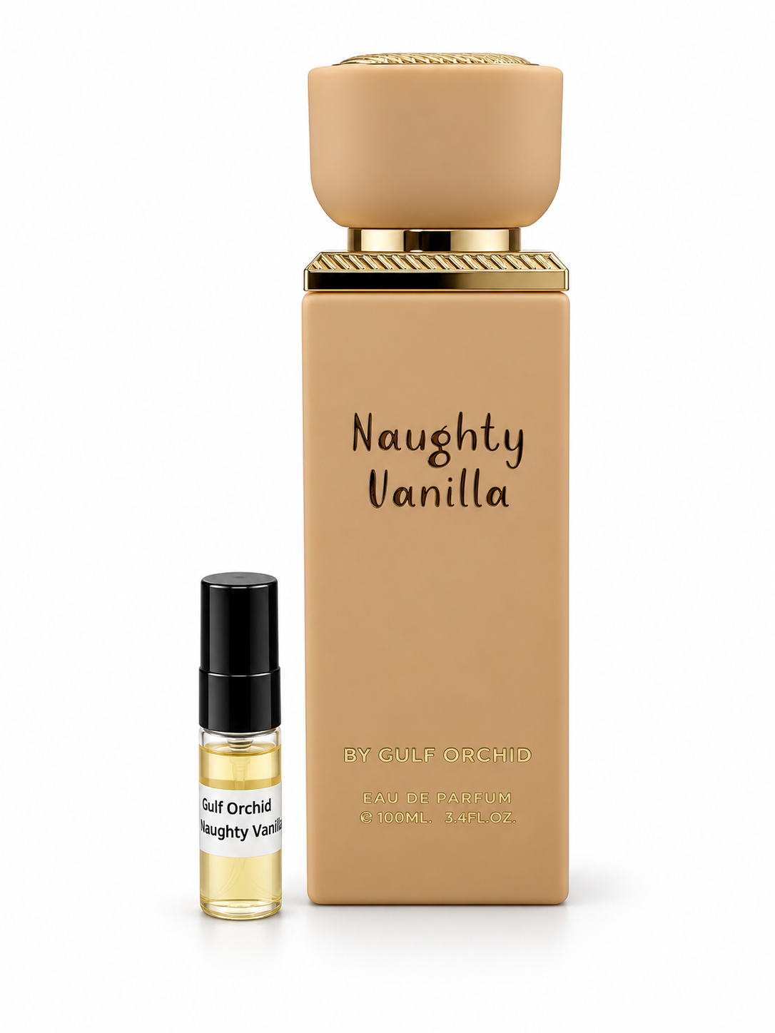 Gulf Orchid Naughty Vanilla fragrance bottle and black-capped sample vial on white