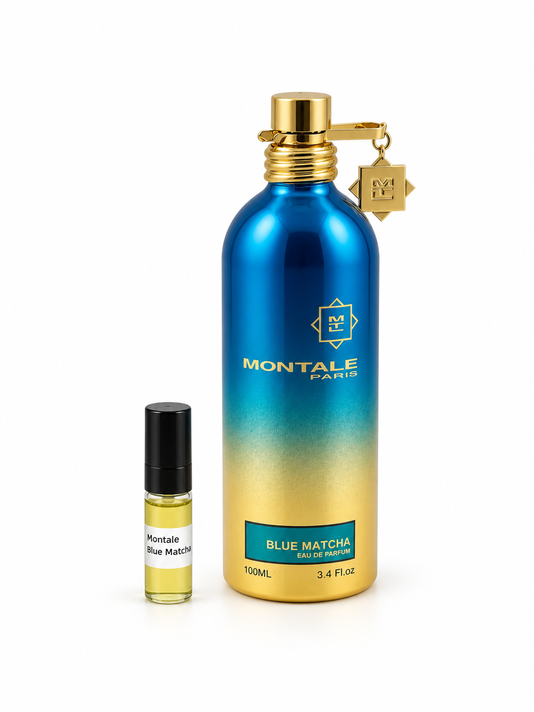 Montale Arabians Blue Matcha fragrance bottle and black-capped sample vial on white