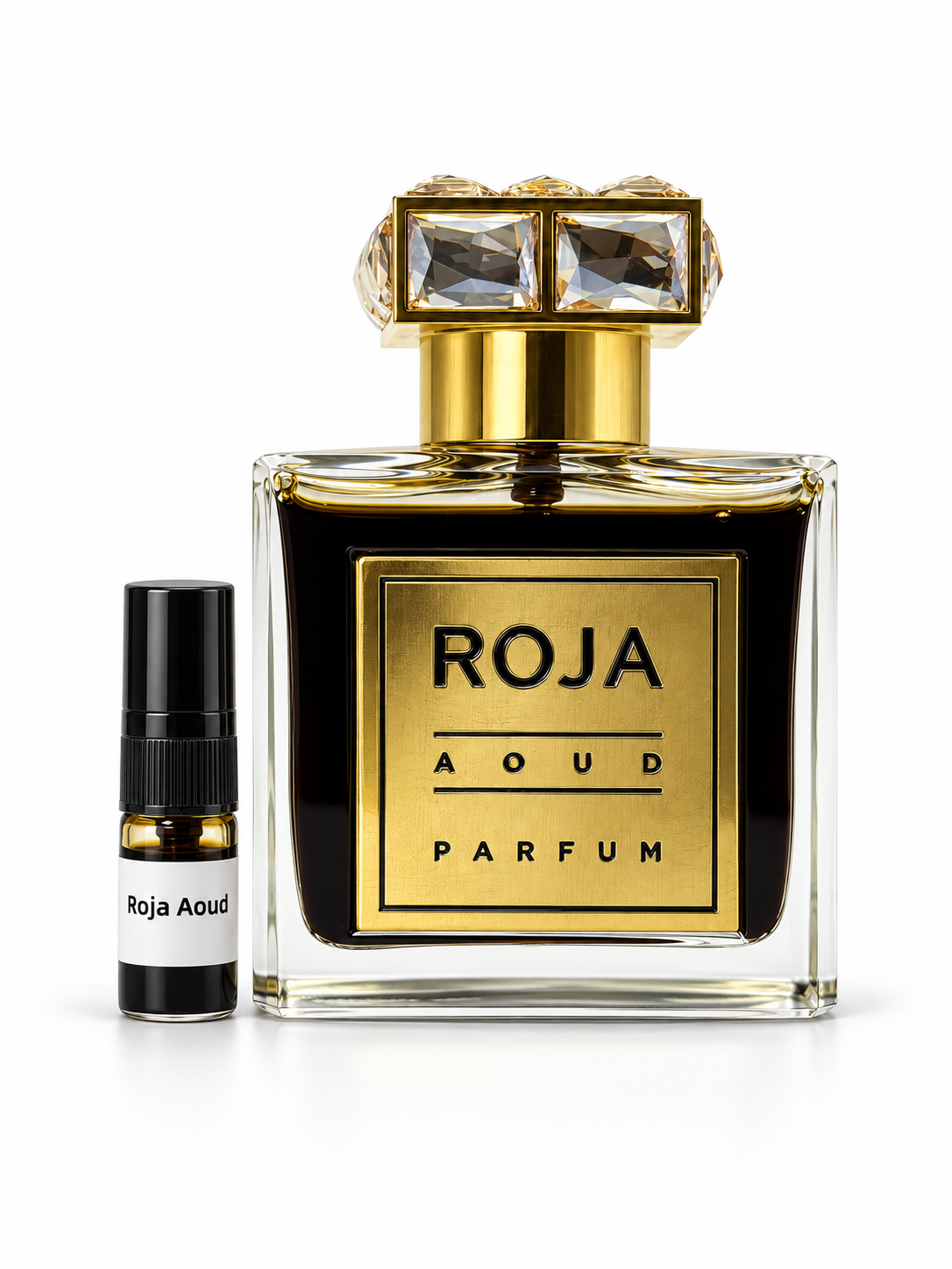 Roja Aoud fragrance bottle and black-capped sample vial on white