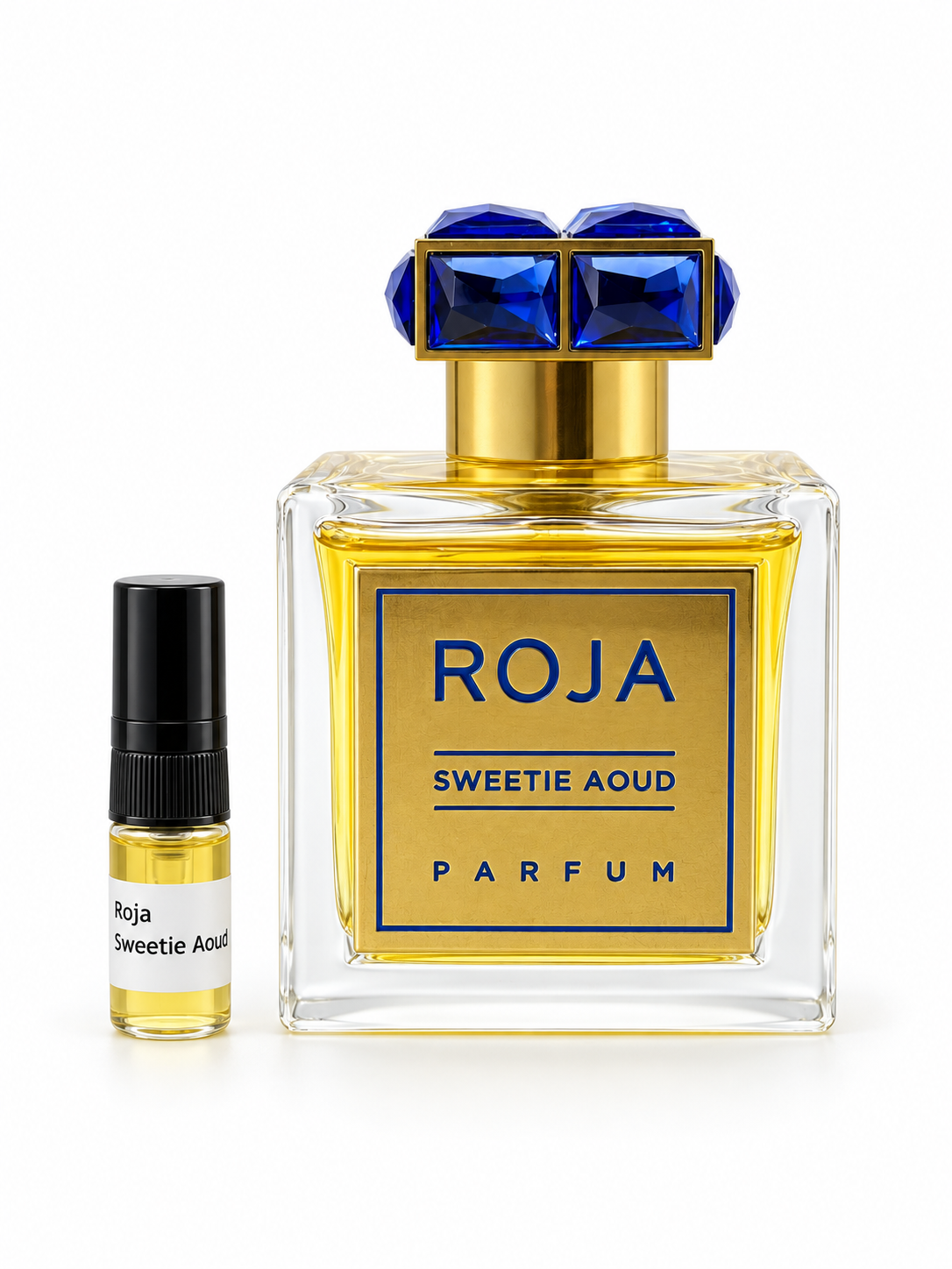 Roja Sweetie Aoud fragrance bottle and black-capped sample vial on white