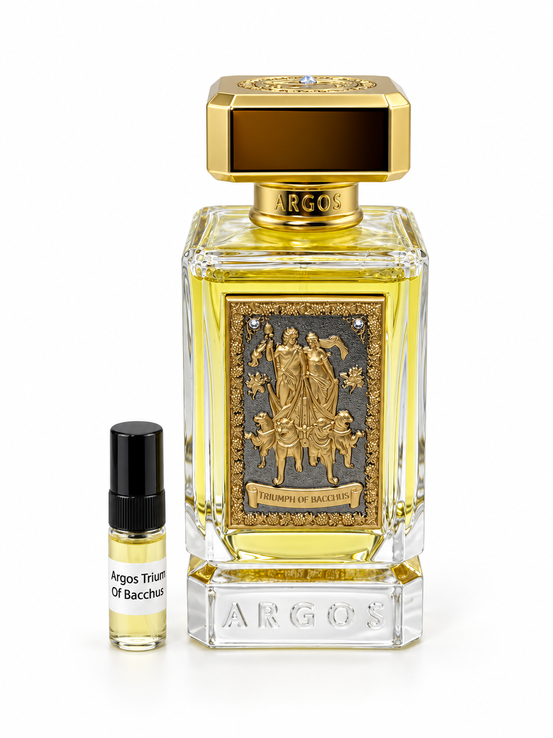 Argos Triumph Of Bacchus fragrance bottle and black-capped sample vial on white