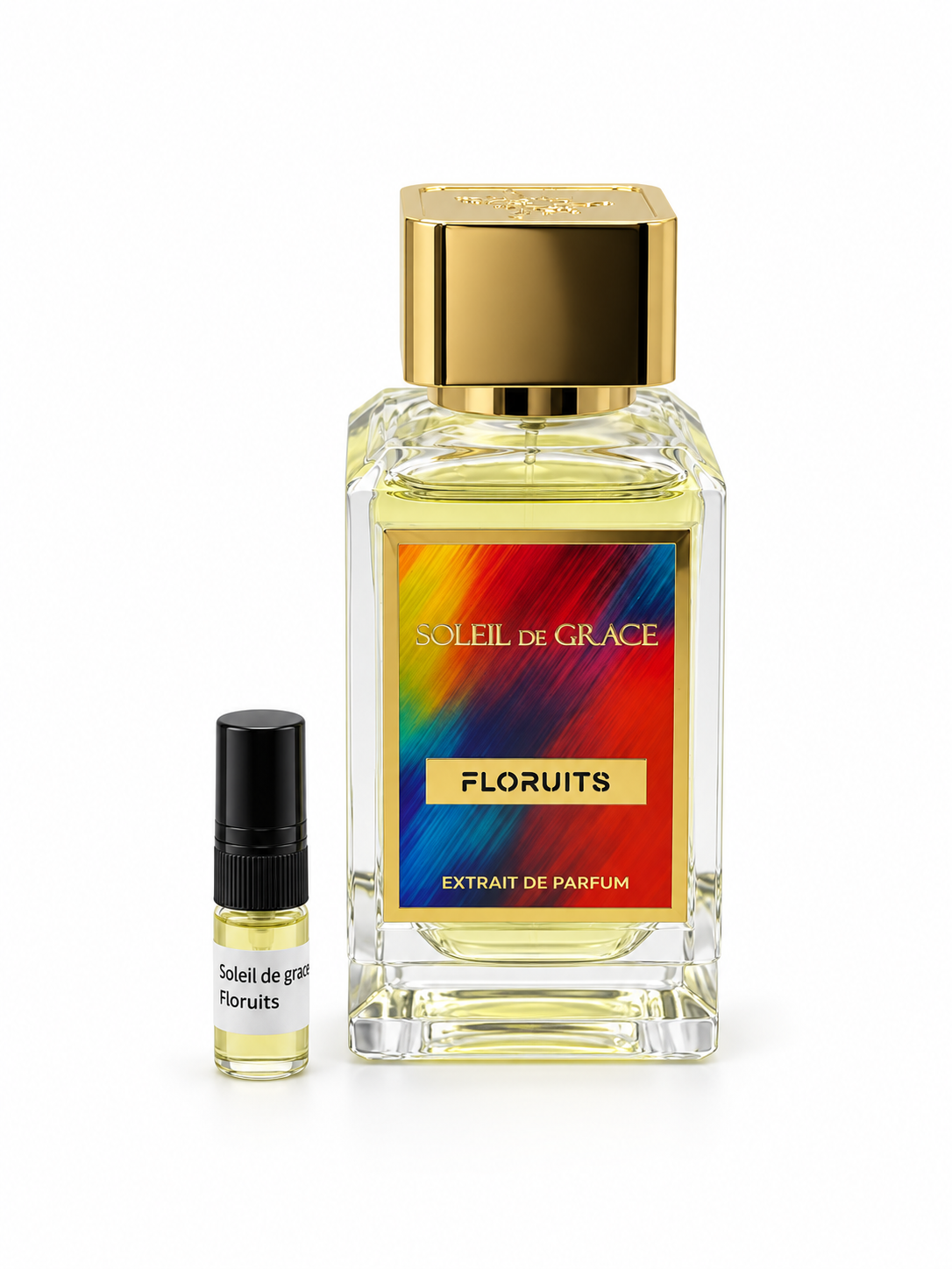 Soleil De Grace Floruits fragrance bottle and black-capped sample vial on white