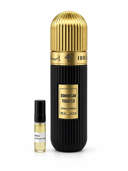 Ibrahim Al Qurashi Dominican Tobacco fragrance bottle and black-capped sample vial on white