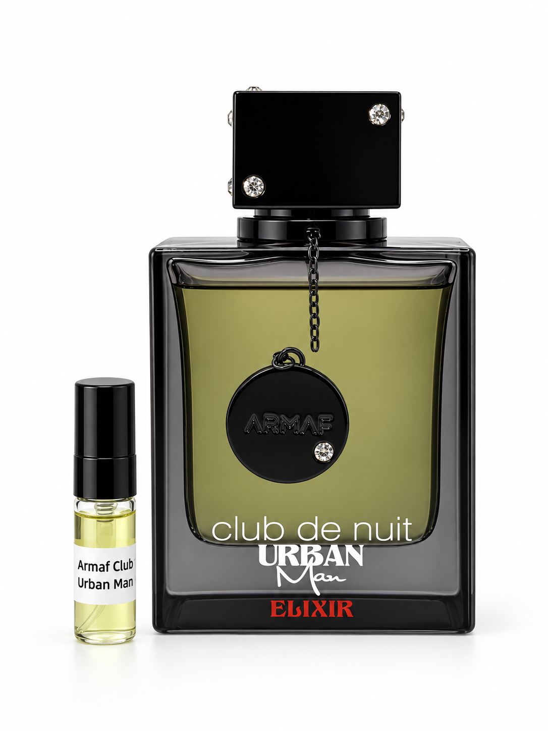 Armaf Club De Nuit Urban Man Elixir fragrance bottle and black-capped sample vial on white