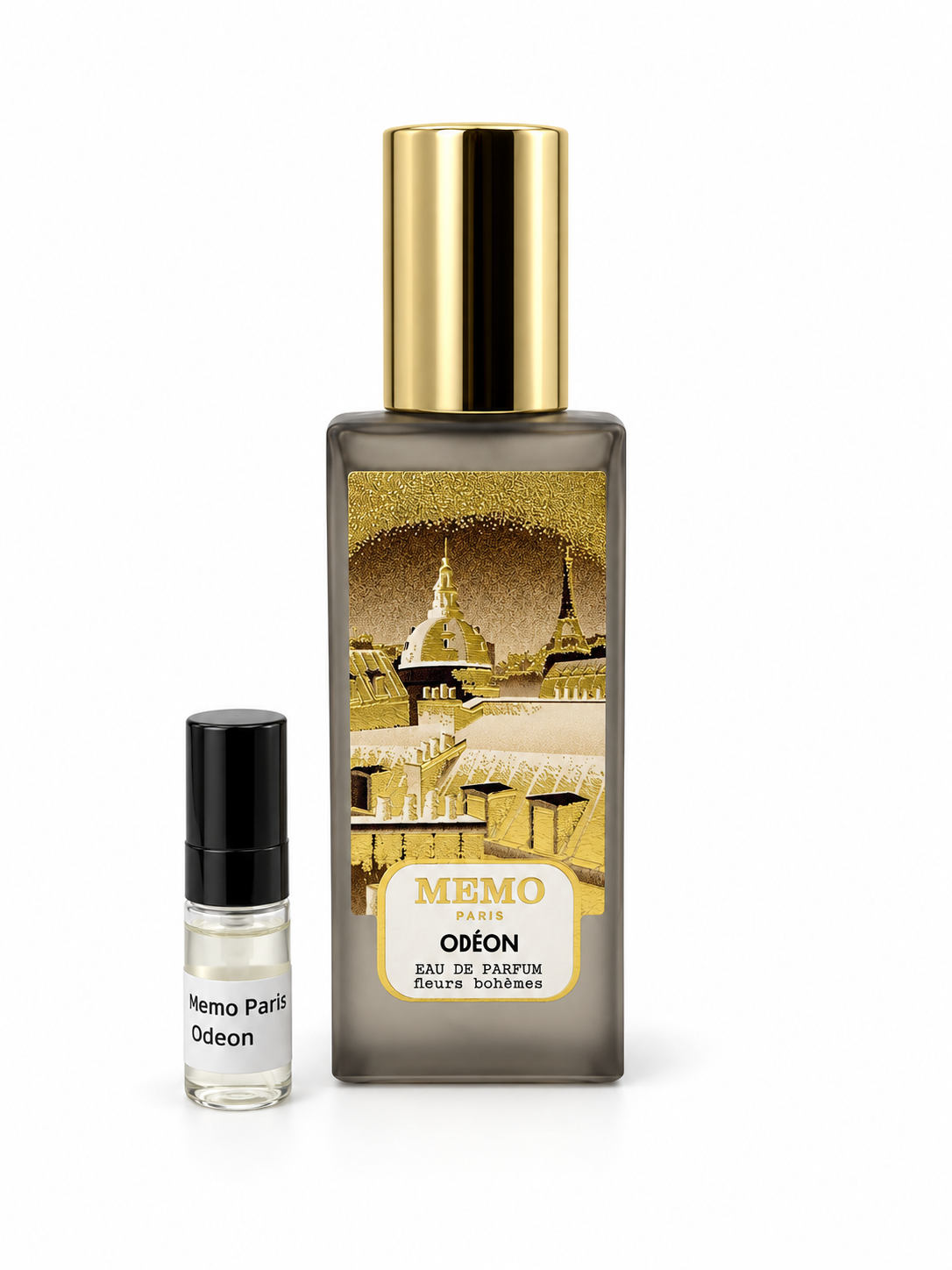 Memo Paris Odeon fragrance bottle and black-capped sample vial on white