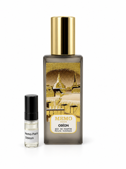 Memo Paris Odeon fragrance bottle and black-capped sample vial on white