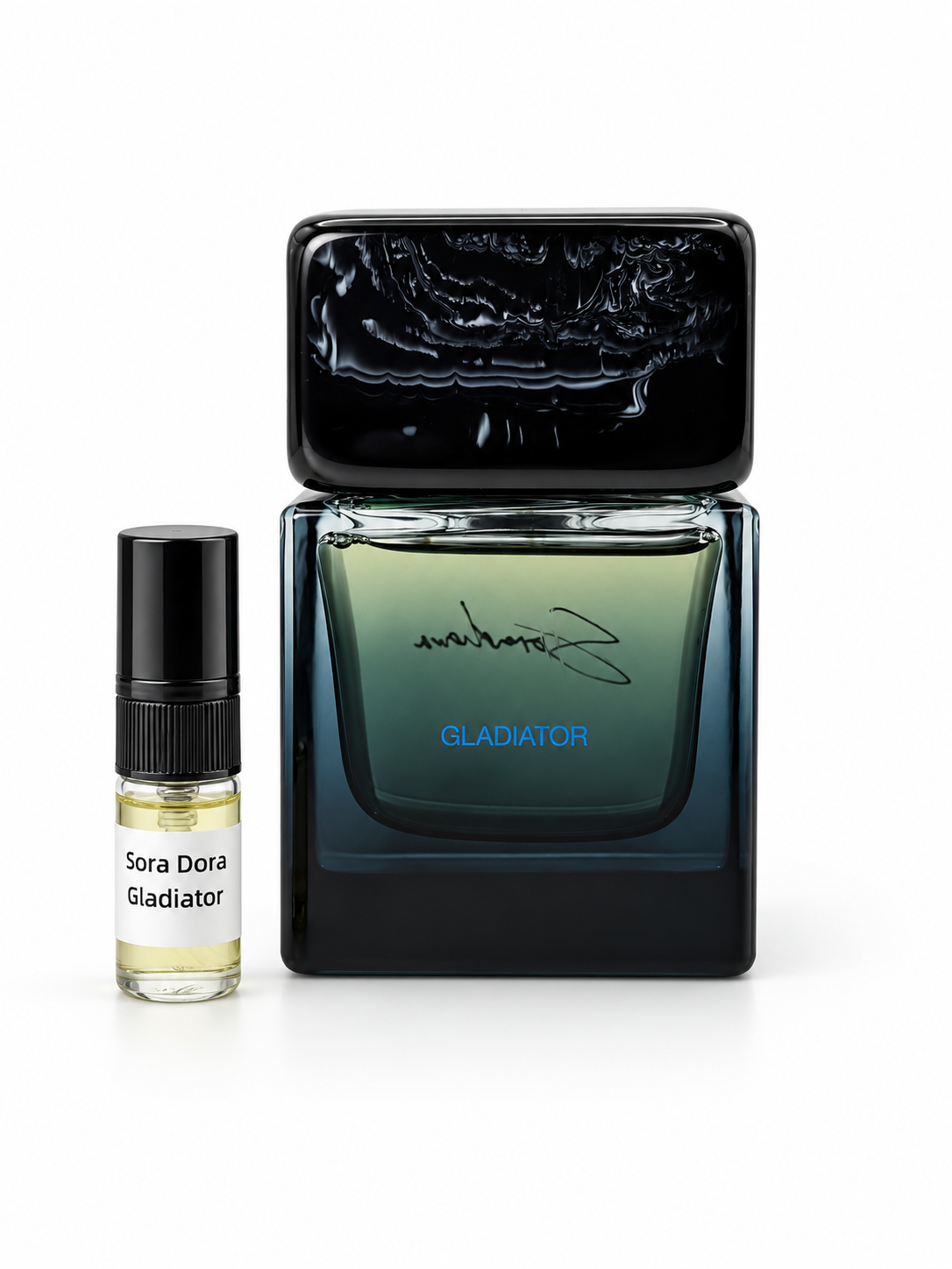 Sora Dora Gladiator fragrance bottle and black-capped sample vial on white
