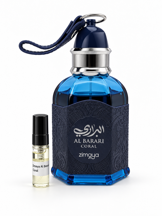 Zimaya Al Barari Coral fragrance bottle and black-capped sample vial on white