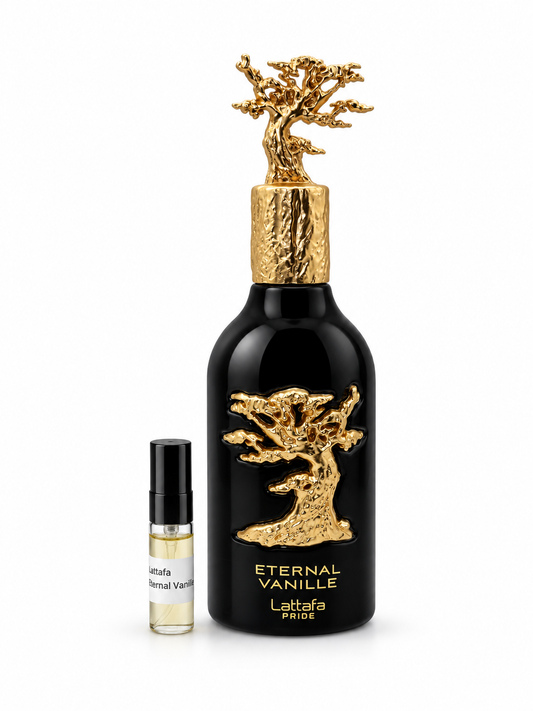 Lattafa Eternal Vanille fragrance bottle and black-capped sample vial on white