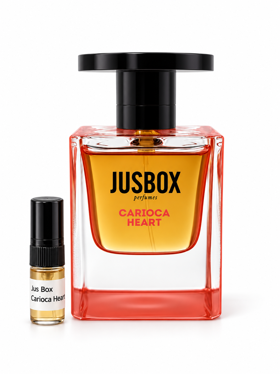 Jusbox Carioca Heart fragrance bottle and black-capped sample vial on white