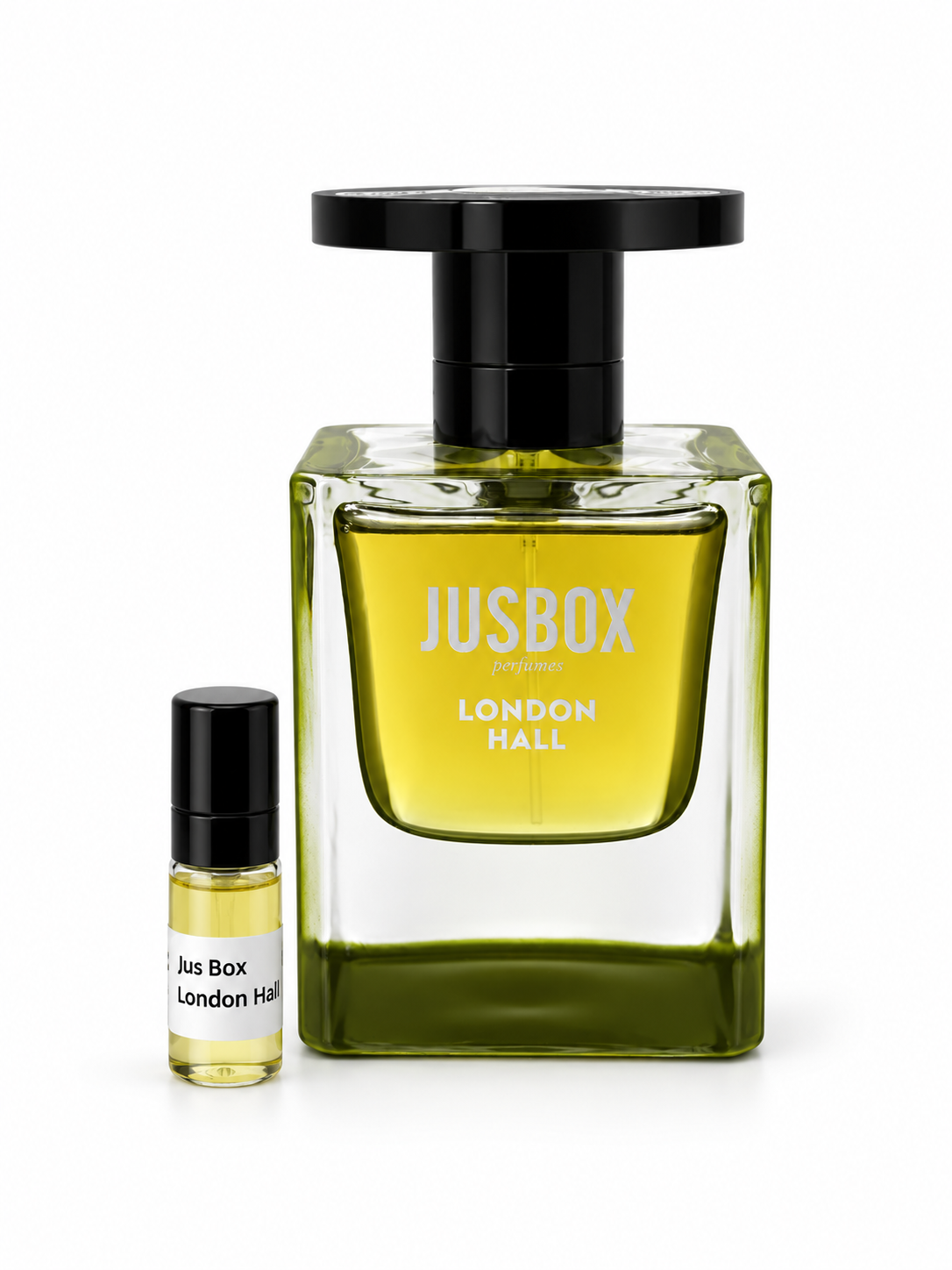 Jusbox London Hall fragrance bottle and black-capped sample vial on white
