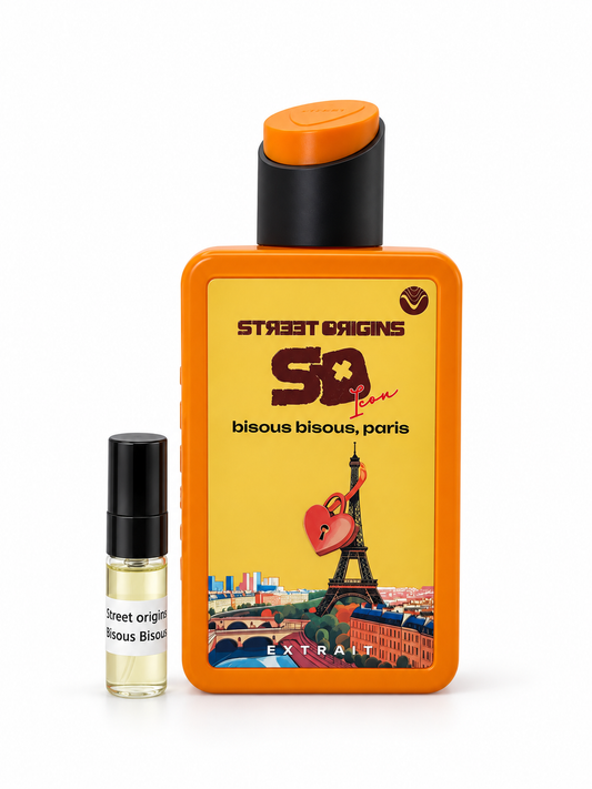 Street Origins Bisous Bisous Paris fragrance bottle and black-capped sample vial on white