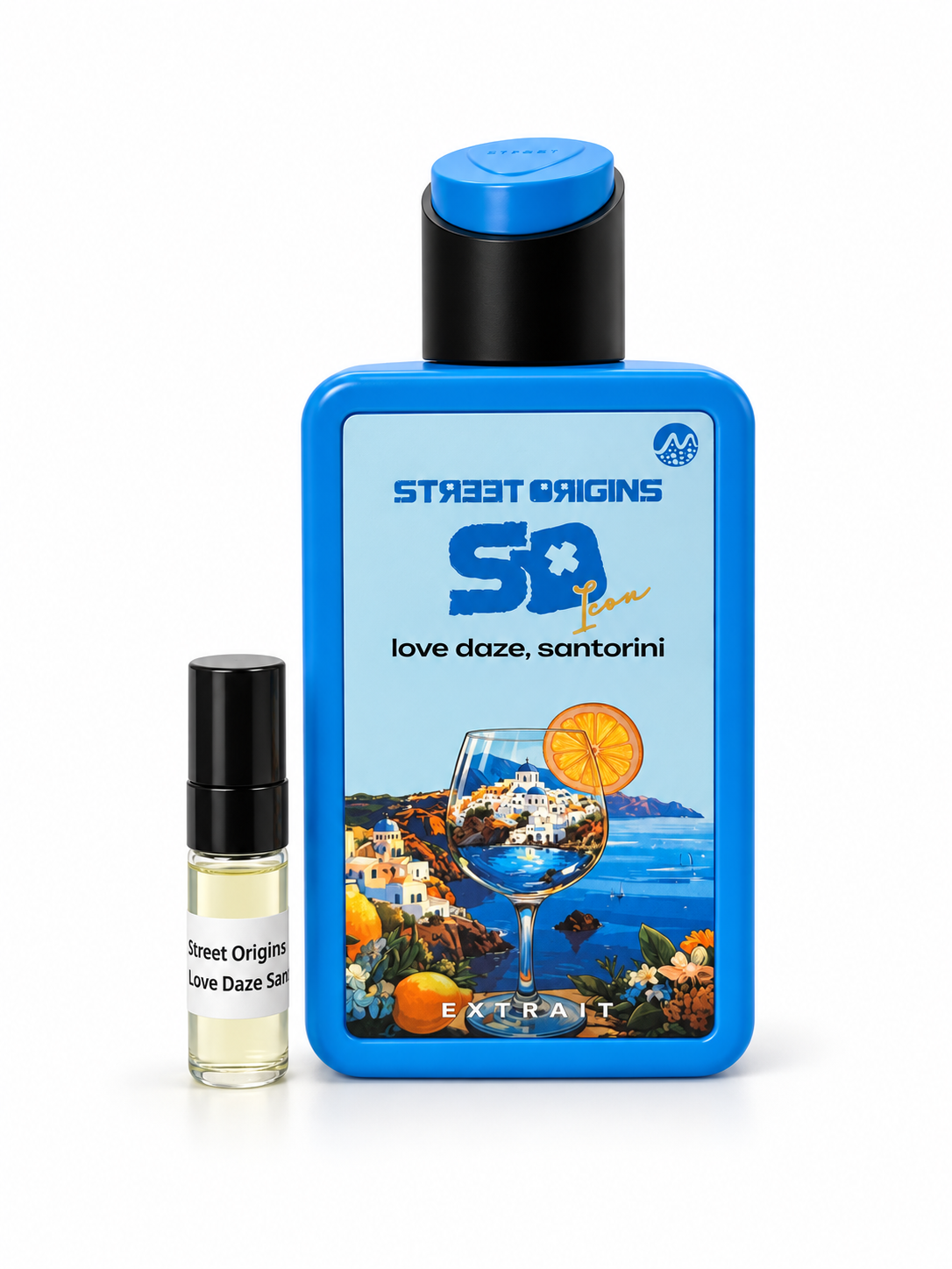 Street Origins Love Daze Santorini fragrance bottle and black-capped sample vial on white