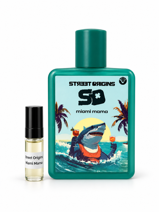 Street Origins Miami Mama fragrance bottle and black-capped sample vial on white