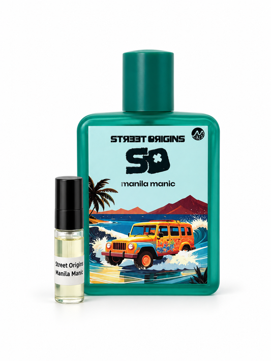 Street Origins Manila Manic fragrance bottle and black-capped sample vial on white