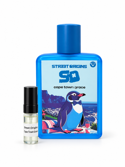Street Origins Cape Town Grace fragrance bottle and black-capped sample vial on white