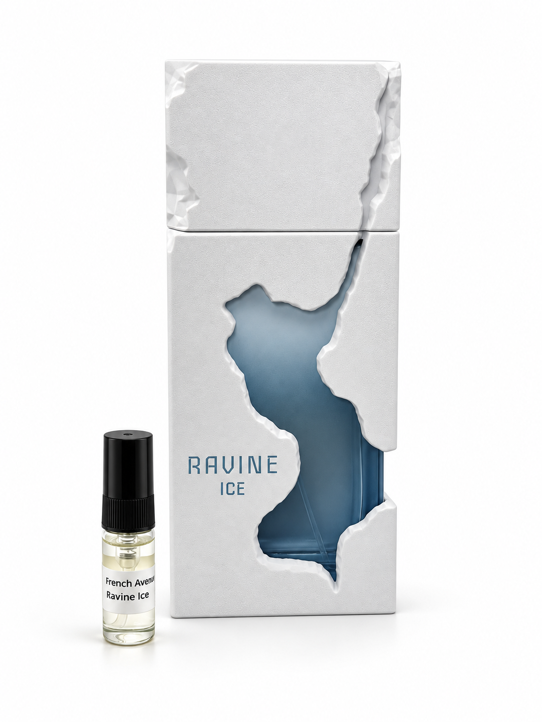 French Avenue Ravine Ice fragrance bottle and black-capped sample vial on white