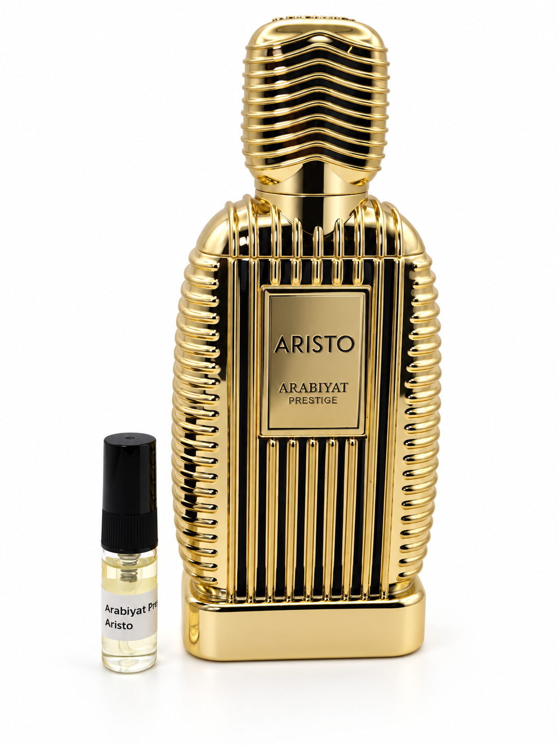 Arabiyat Prestige Aristo fragrance bottle and black-capped sample vial on white