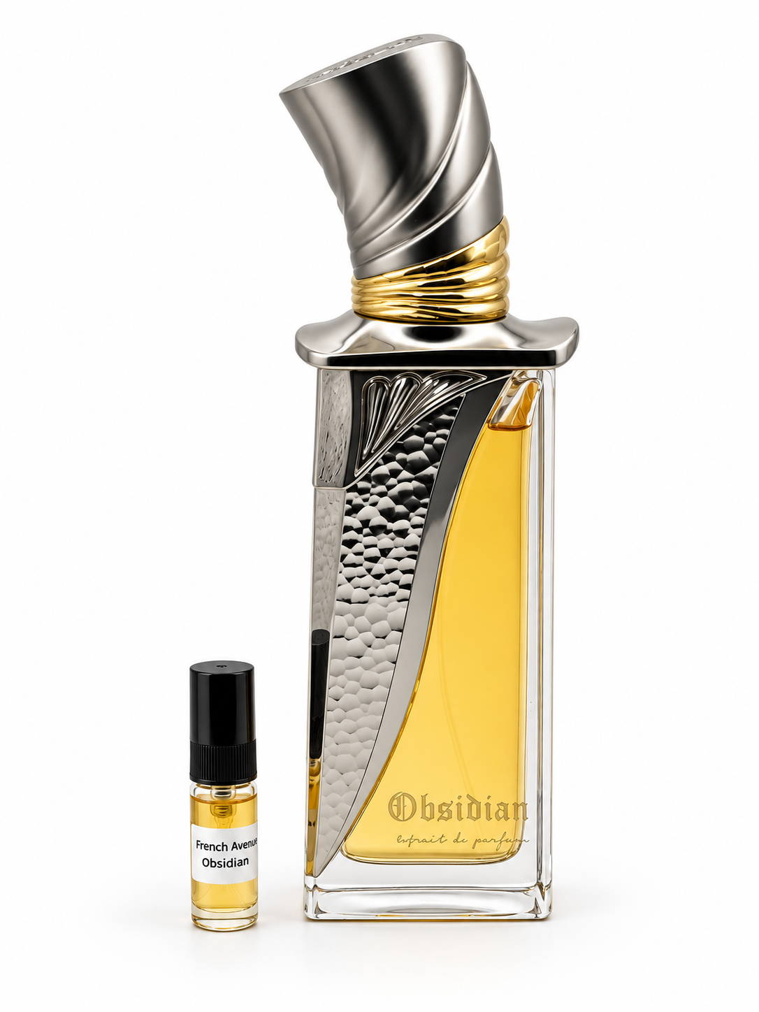 French Avenue Obsidian fragrance bottle and black-capped sample vial on white