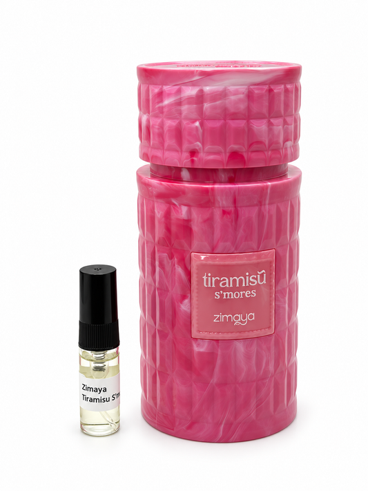 Zimaya Tiramisu S'mores fragrance bottle and black-capped sample vial on white