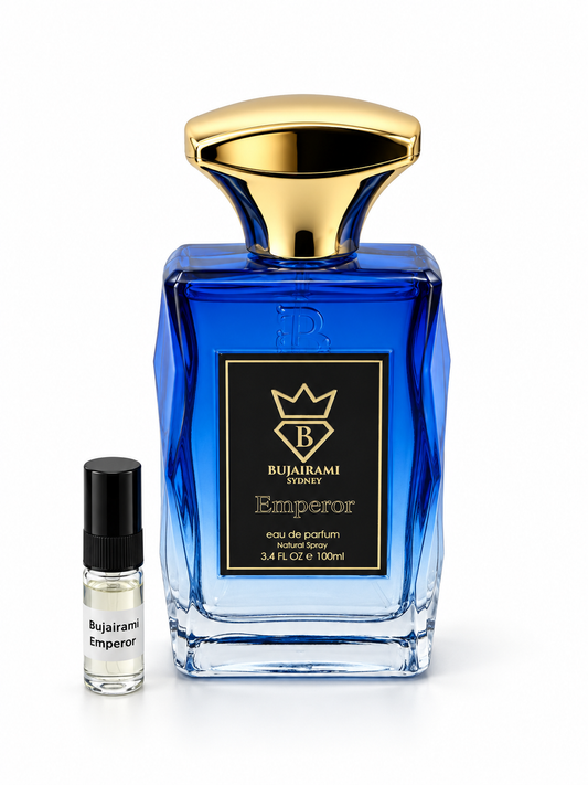 Bujairami Emperor fragrance bottle and black-capped sample vial on white
