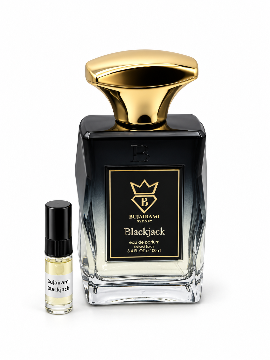Bujairami Blackjack fragrance bottle and black-capped sample vial on white