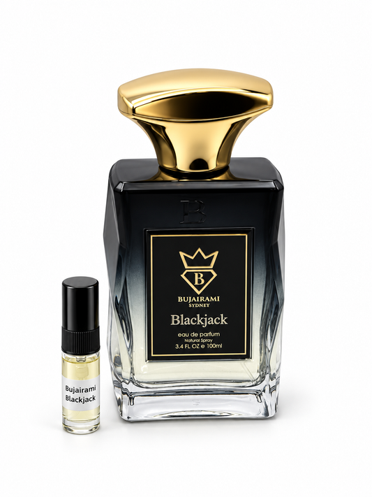 Bujairami Blackjack fragrance bottle and black-capped sample vial on white