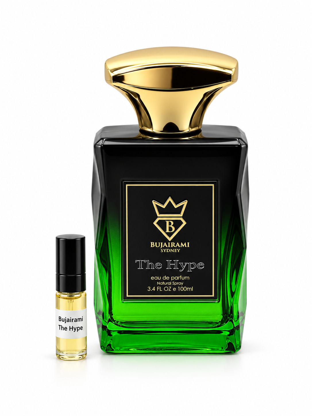 Bujairami The Hype fragrance bottle and black-capped sample vial on white