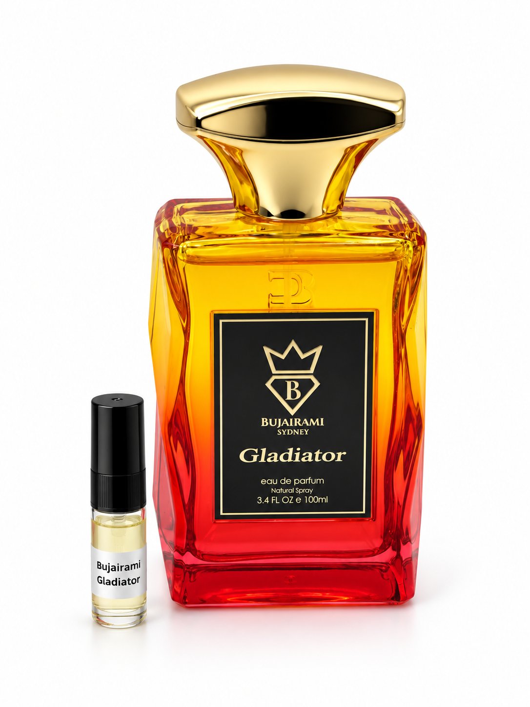 Bujairami Gladiator fragrance bottle and black-capped sample vial on white