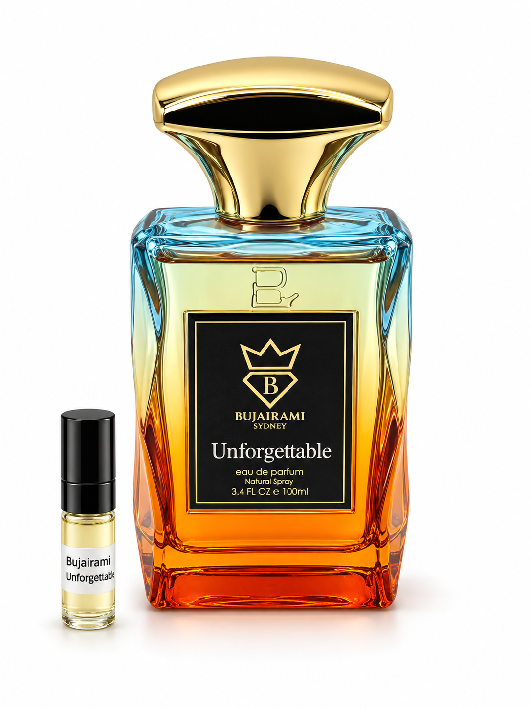 Bujairami Unforgettable fragrance bottle and black-capped sample vial on white
