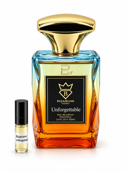Bujairami Unforgettable fragrance bottle and black-capped sample vial on white