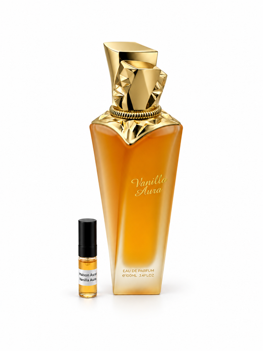 Maison Asrar Vanilla Aura fragrance bottle and black-capped sample vial on white