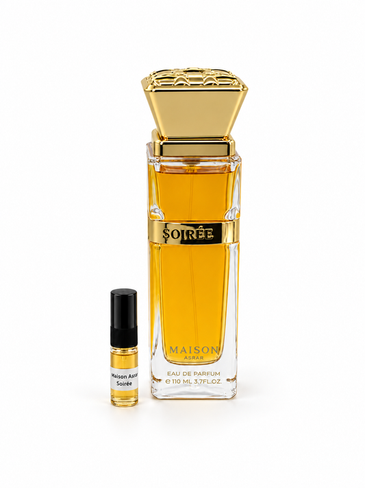Maison Asrar Soiree fragrance bottle and black-capped sample vial on white