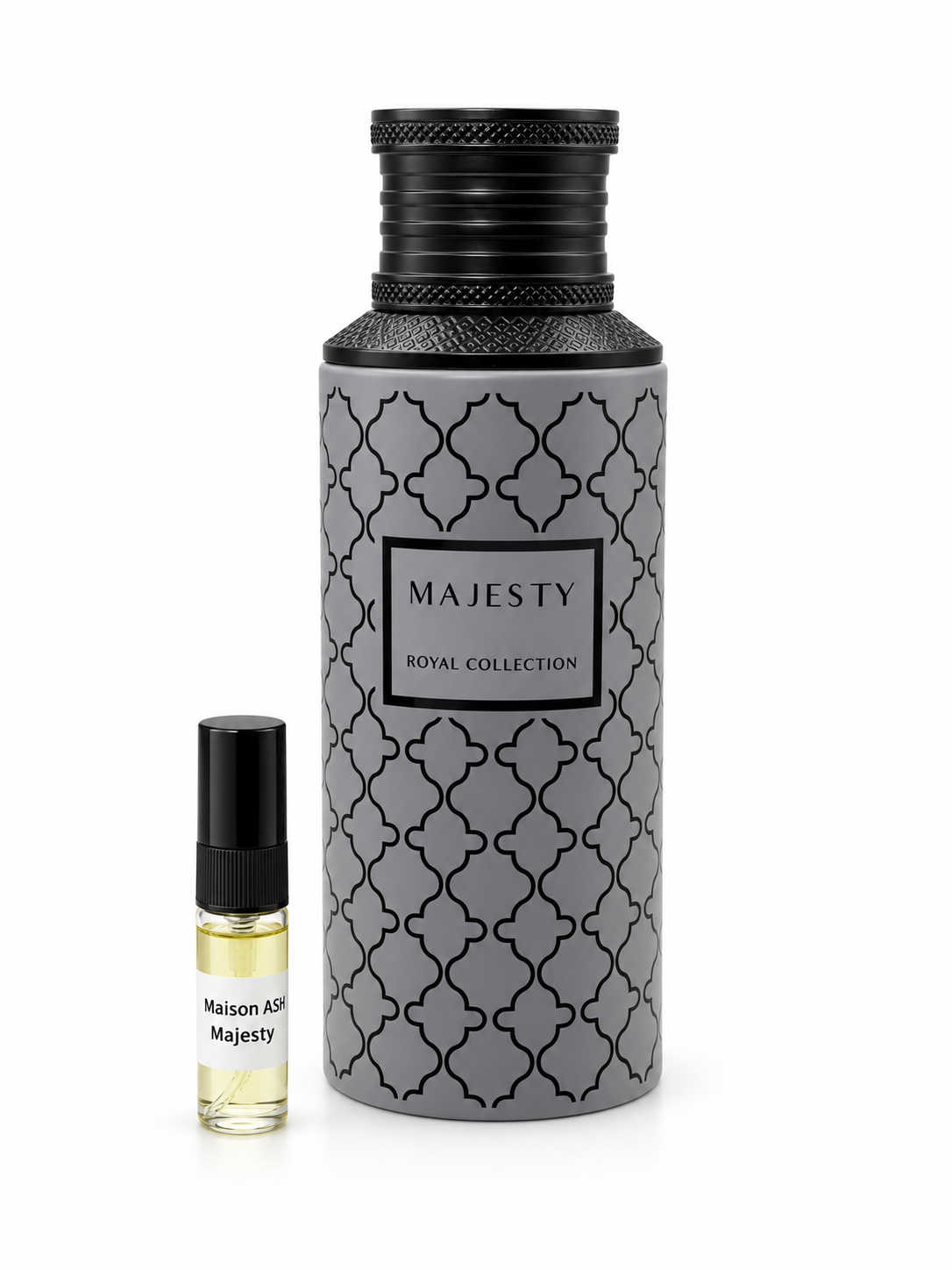 Maison Asrar Majesty fragrance bottle and black-capped sample vial on white