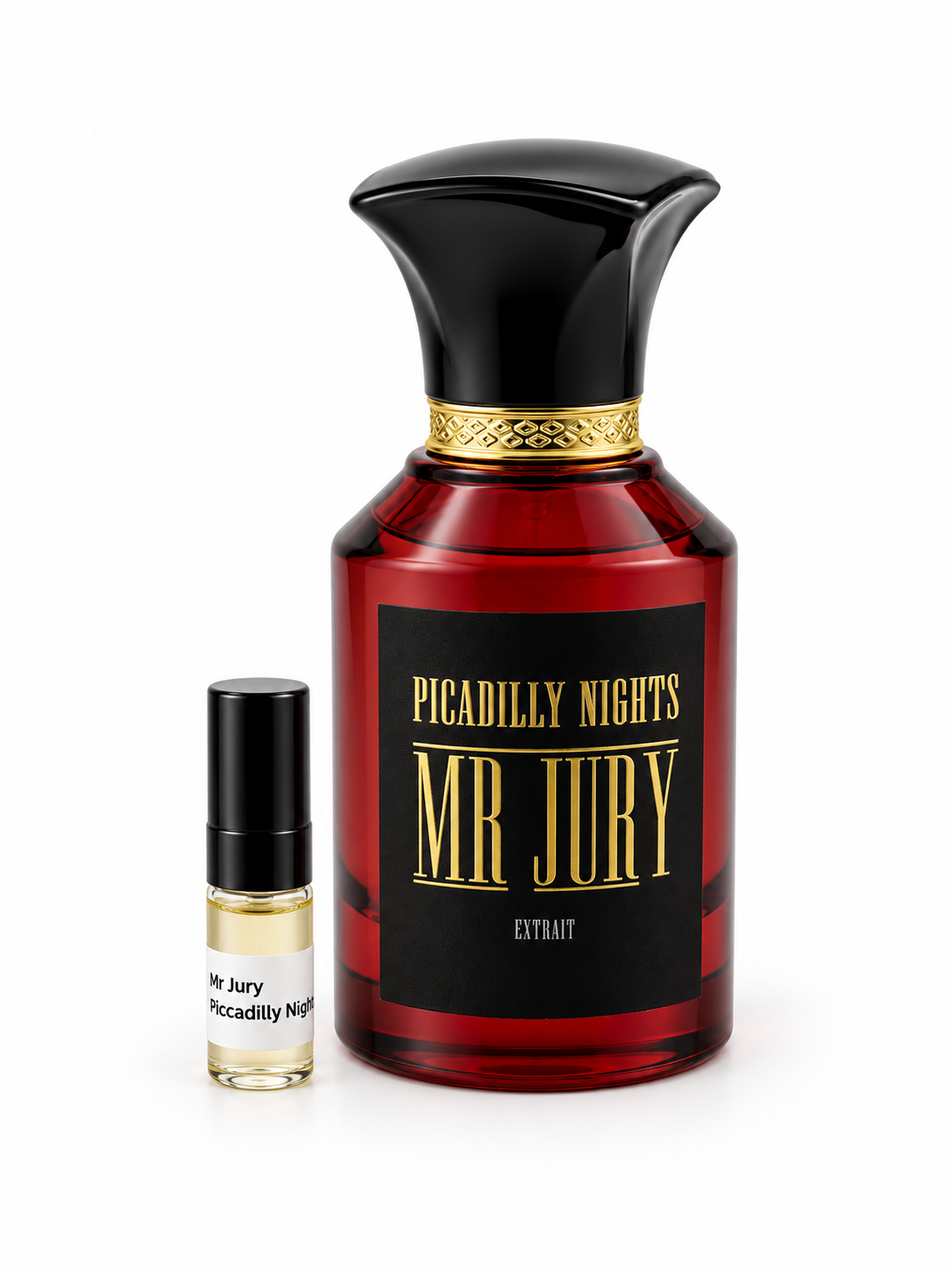 Mr Jury Piccadilly Nights fragrance bottle and black-capped sample vial on white