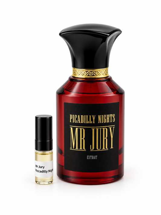 Mr Jury Piccadilly Nights fragrance bottle and black-capped sample vial on white