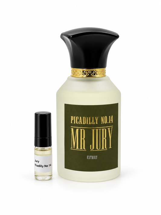 Mr Jury Piccadilly No 14 fragrance bottle and black-capped sample vial on white