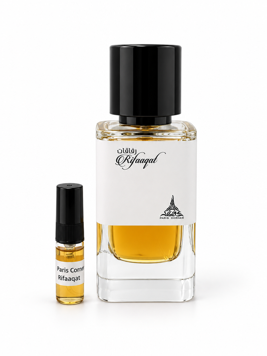 Paris Corner Rifaaqat fragrance bottle and black-capped sample vial on white