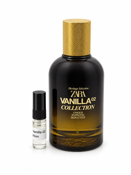 Zara Vanilla 02 Collection fragrance bottle and black-capped sample vial on white