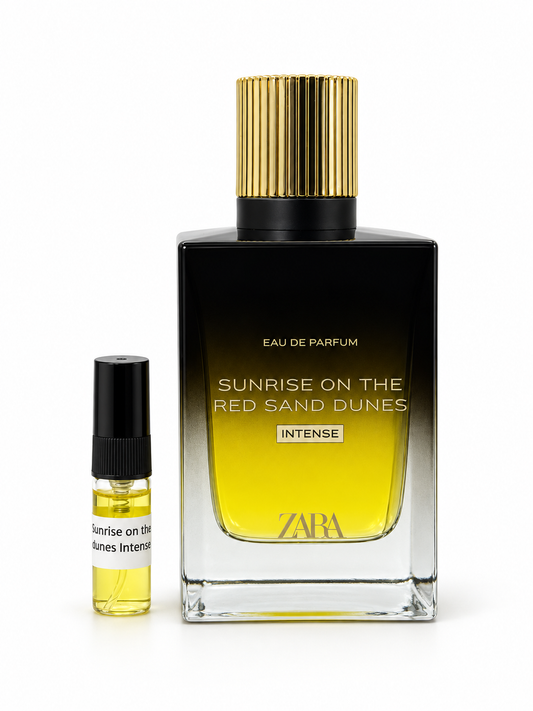 Zara Sunrise On The Red Sand Dunes Intense fragrance bottle and black-capped sample vial on white