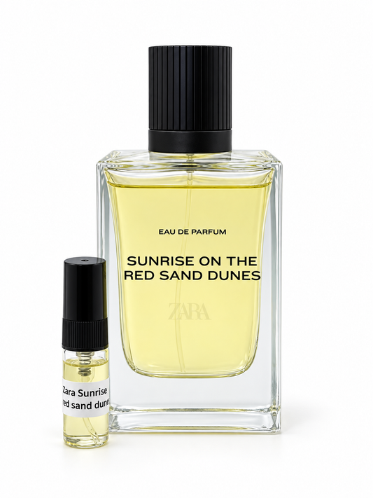 Zara Sunrise On The Red Sand Dunes fragrance bottle and black-capped sample vial on white