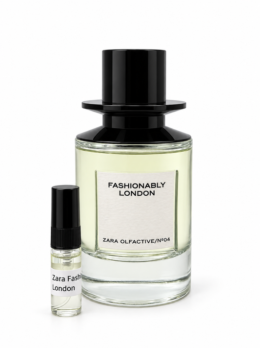 Zara Fashionably London fragrance bottle and black-capped sample vial on white