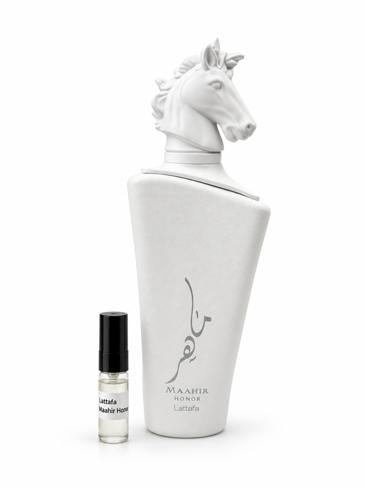 Lattafa Maahir Honor fragrance bottle and black-capped sample vial on white
