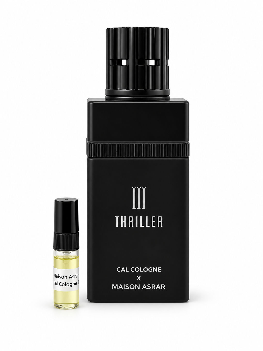 Maison Asrar X Cal Cologne Thriller fragrance bottle and black-capped sample vial on white