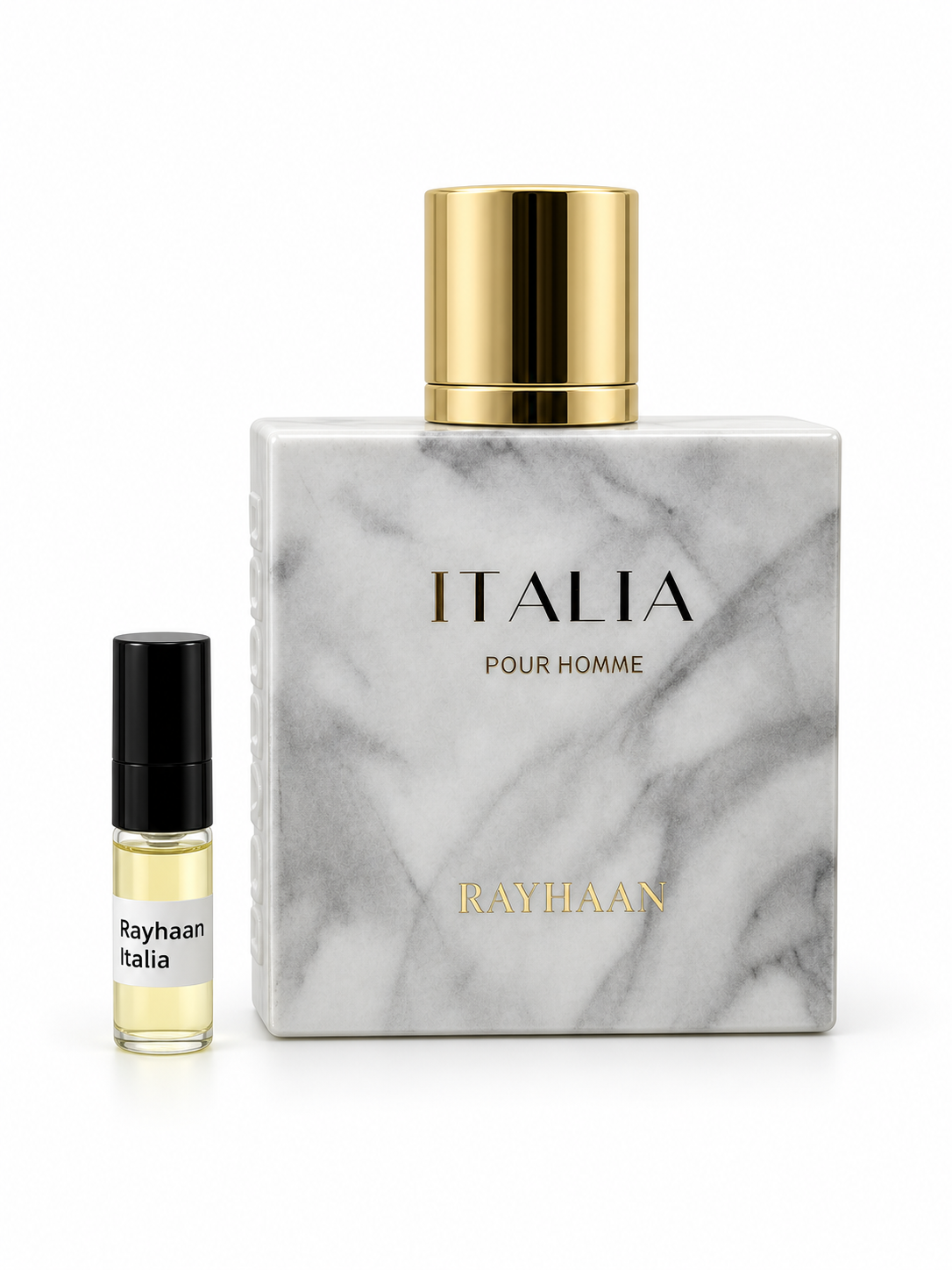 Rayhaan Italia fragrance bottle and black-capped sample vial on white