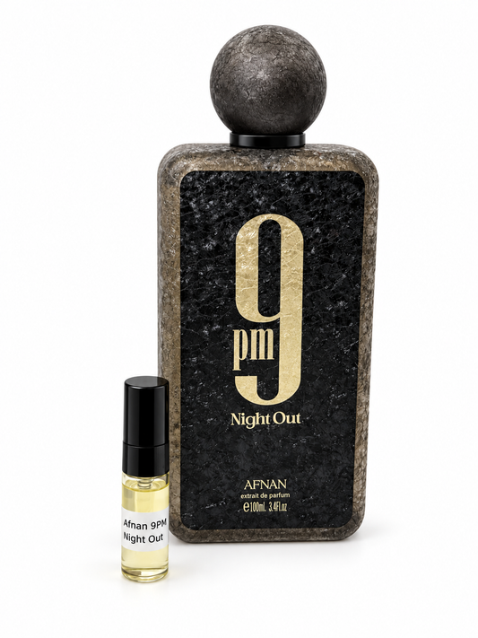 Afnan 9pm Night Out fragrance bottle and black-capped sample vial on white