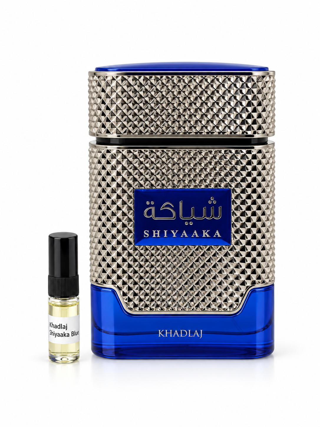 Khadlaj Shiyaaka Blue fragrance bottle and black-capped sample vial on white