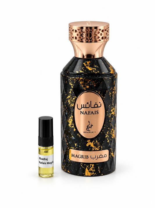 Khadlaj Nafais Magrib fragrance bottle and black-capped sample vial on white