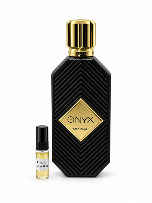 Khadlaj Onyx Gold fragrance bottle and black-capped sample vial on white